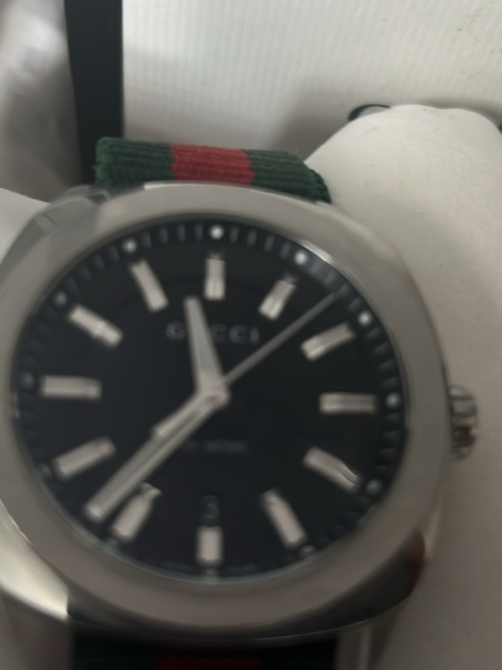 Gucci Black Dial Watch with Green and Red Stripe Strap